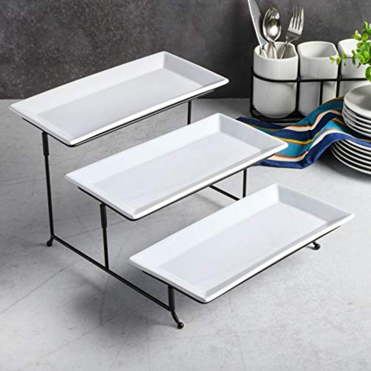 Gracious Dining Dinnerware, 3-Tier Rectangle Plate Set with Metal Stand, White